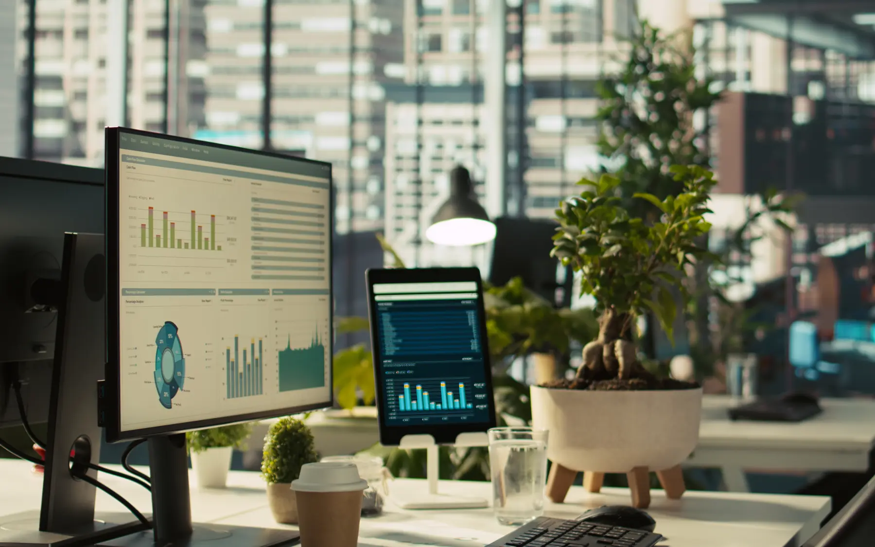 Analytics dashboards in a modern professional workspace